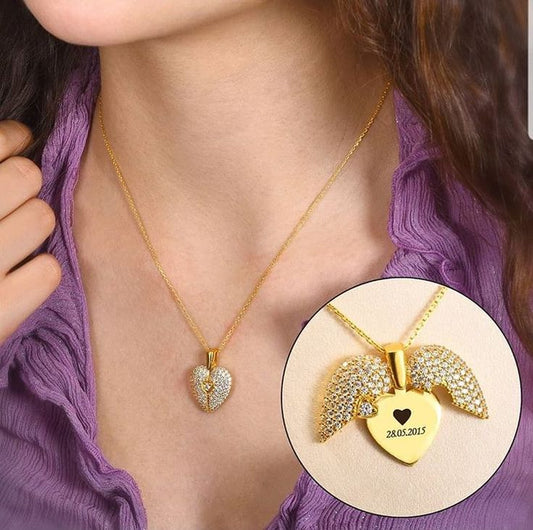 Angel Wings Heart Pendant Necklace – Personalized Date Engraving